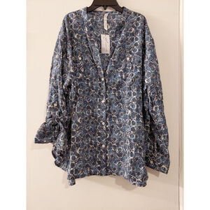 NY Collection Women's Blouse Blue Dressy Top 3/4 Sleeve XL 1X Floral NWT Casual